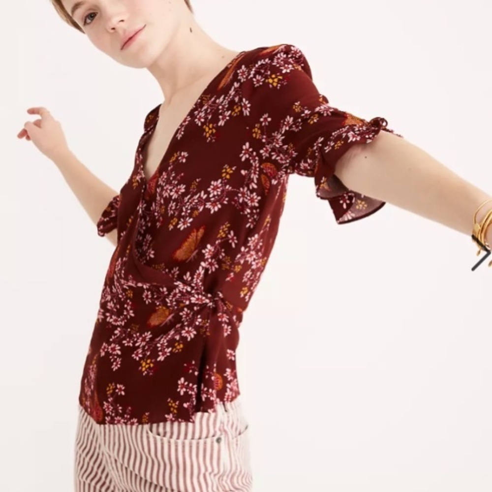 Madewell Tie-Sleeve Wrap Top in Butterfly Sanctuary